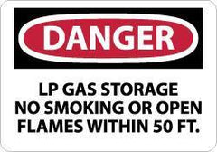 NMC - "Danger - LP Gas Storage - No Smoking or Open Flames Within 50 Ft.", 10" Long x 14" Wide, Pressure-Sensitive Vinyl Safety Sign - Rectangle, 0.004" Thick, Use for Accident Prevention - Industrial Tool & Supply