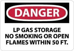 NMC - "Danger - LP Gas Storage - No Smoking or Open Flames Within 50 Ft.", 10" Long x 14" Wide, Rigid Plastic Safety Sign - Rectangle, 0.05" Thick, Use for Accident Prevention - Industrial Tool & Supply