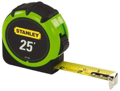 Stanley - 25' x 1" Yellow Blade Tape Measure - 1/16" Graduation, Inch Graduation Style, High-Visibility Green/Black Case - Industrial Tool & Supply