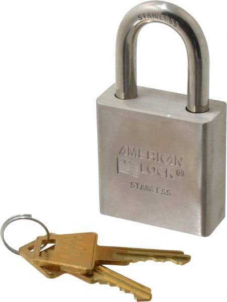 American Lock - 1-1/8" Shackle Clearance, Rekeyable Rekeyable Padlock - 5/16" Shackle Diam, Stainless Steel, with Stainless Steel (32D) Finish - Industrial Tool & Supply