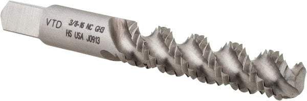 Made in USA - 3/8-16 UNC 3 Flute 3B Bottoming Spiral Flute Tap - High Speed Steel, TiN Finish, 2-15/16" OAL, Right Hand Flute, Right Hand Thread, H3 - Exact Industrial Supply