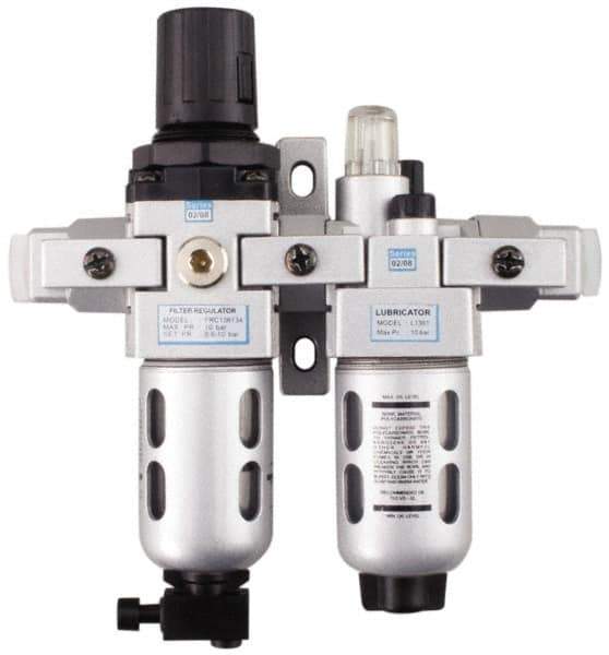 PRO-SOURCE - 1/4" NPT Port Intermediate 2 Piece Filter/Regulator-Lubricator FRL Unit - Polycarbonate Bowl, 53 SCFM, 145 Max psi, 8.66" High, Automatic Drain - Industrial Tool & Supply