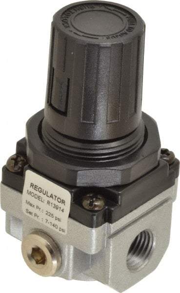 PRO-SOURCE - 1/4 NPT Port, 21 CFM, Aluminum Miniature Regulator - 7 to 145 psi Range, 220 Max psi Supply Pressure, 1/8" Gauge Port Thread, 1.56" Wide x 3.19" High - Industrial Tool & Supply