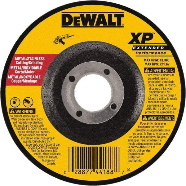 DeWALT - 24 Grit, 9" Wheel Diam, 1/8" Wheel Thickness, 7/8" Arbor Hole, Type 27 Depressed Center Wheel - Zirconia Alumina, Resinoid Bond, 6,600 Max RPM, Compatible with Angle Grinder - Industrial Tool & Supply