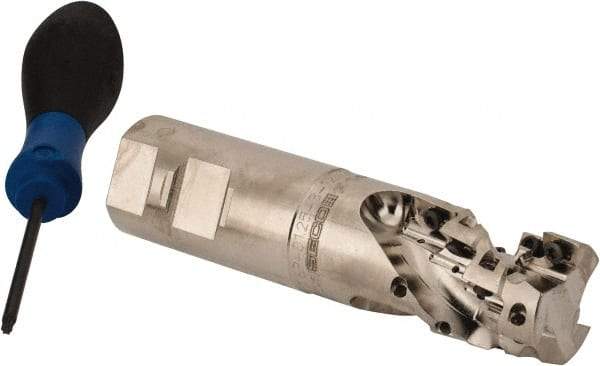 Seco - 1-1/4" Cut Diam, 1.73" Max Depth of Cut, 1-1/4" Shank Diam, 5" OAL, Indexable Square Shoulder Helical End Mill - XO.X 1204 Inserts, Weldon Shank, 90° Lead Angle, Through Coolant, Series Super Turbo - Industrial Tool & Supply