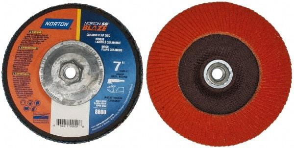 Norton - 80 Grit, 7" Disc Diam, 5/8-11 Center Hole, Type 27 Ceramic Flap Disc - Plastic Backing, Arbor Attaching System, Coated - Industrial Tool & Supply