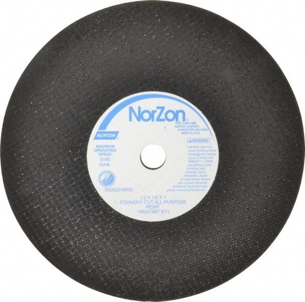 Norton - 12" Zirconia Alumina Cutoff Wheel - 1/8" Thick, 1" Arbor, 5,095 Max RPM, Use with Stationary Grinders - Industrial Tool & Supply