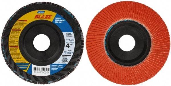 Norton - 120 Grit, 4-1/2" Disc Diam, 7/8" Center Hole, Type 27 Ceramic Flap Disc - Fiberglass Backing, Arbor Attaching System, Coated - Industrial Tool & Supply