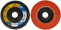 Norton - 120 Grit, 4-1/2" Disc Diam, 7/8" Center Hole, Type 27 Ceramic Flap Disc - Fiberglass Backing, Arbor Attaching System, Coated - Industrial Tool & Supply