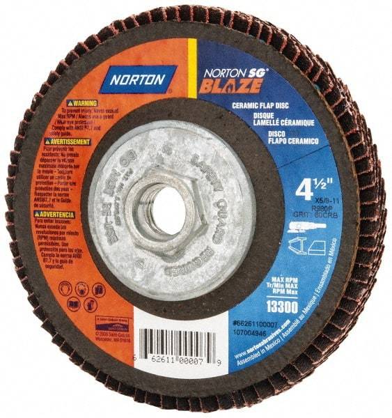 Norton - 60 Grit, 4-1/2" Disc Diam, 5/8-11 Center Hole, Type 27 Ceramic Flap Disc - Plastic Backing, Arbor Attaching System, Coated - Industrial Tool & Supply