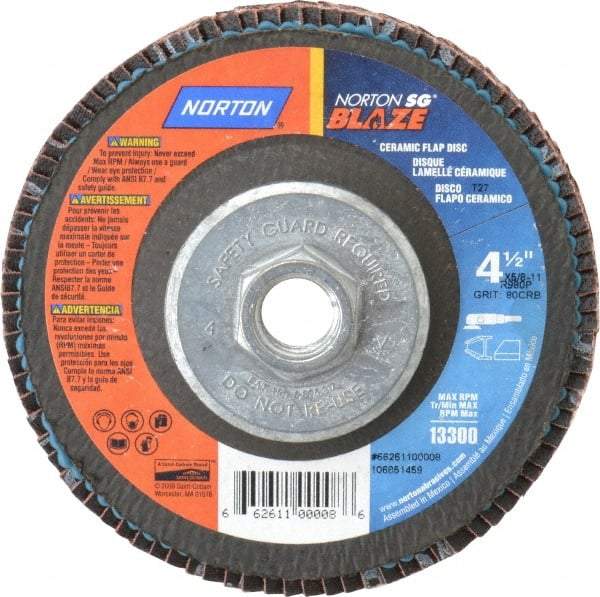Norton - 80 Grit, 4-1/2" Disc Diam, 5/8-11 Center Hole, Type 27 Ceramic Flap Disc - Plastic Backing, Arbor Attaching System, Coated - Industrial Tool & Supply