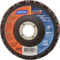 Norton - 80 Grit, 4-1/2" Disc Diam, 7/8" Center Hole, Type 27 Ceramic Flap Disc - Plastic Backing, Arbor Attaching System, Coated - Industrial Tool & Supply