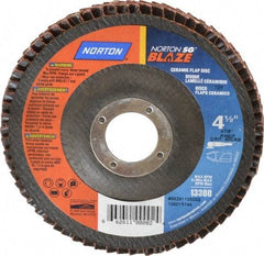 Norton - 40 Grit, 4-1/2" Disc Diam, 7/8" Center Hole, Type 27 Ceramic Flap Disc - Plastic Backing, Arbor Attaching System, Coated - Industrial Tool & Supply