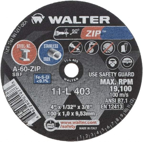 WALTER Surface Technologies - 4" 60 Grit Aluminum Oxide Cutoff Wheel - 1/32" Thick, 3/8" Arbor, 19,100 Max RPM, Use with Die Grinders - Industrial Tool & Supply