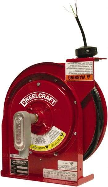 Reelcraft - 12 AWG, 45' Cable Length, Cord & Cable Reel with Flying Lead End - 0 Outlets, 20 Amps, 125 Volts, SJEOOW Cable, Red Reel, Spring Driven Reel - Industrial Tool & Supply