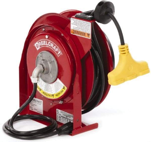 Reelcraft - 12 AWG, 45' Cable Length, Cord & Cable Reel with Triple-Tap Outlet End - 3 Outlets, NEMA 5-15R, 15 Amps, 125 Volts, SJEOOW Cable, Red Reel, Spring Driven Reel - Industrial Tool & Supply
