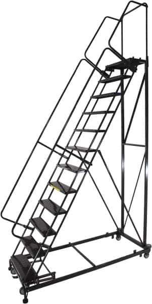 Ballymore - 173" 14 Step Ladder - Rolling Safety Ladder, 600 Lb Capacity, 140" Platform Height, 32" Base Width x 107" Base Depth, Perforated Tread - Industrial Tool & Supply