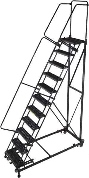 Ballymore - 143" 11 Step Ladder - Rolling Safety Ladder, 600 Lb Capacity, 110" Platform Height, 32" Base Width x 87" Base Depth, Serrated - Industrial Tool & Supply