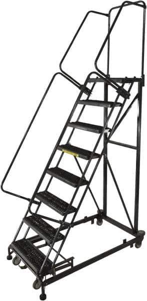 Ballymore - 113" 8 Step Ladder - Rolling Safety Ladder, 600 Lb Capacity, 80" Platform Height, 32" Base Width x 68" Base Depth, Serrated - Industrial Tool & Supply