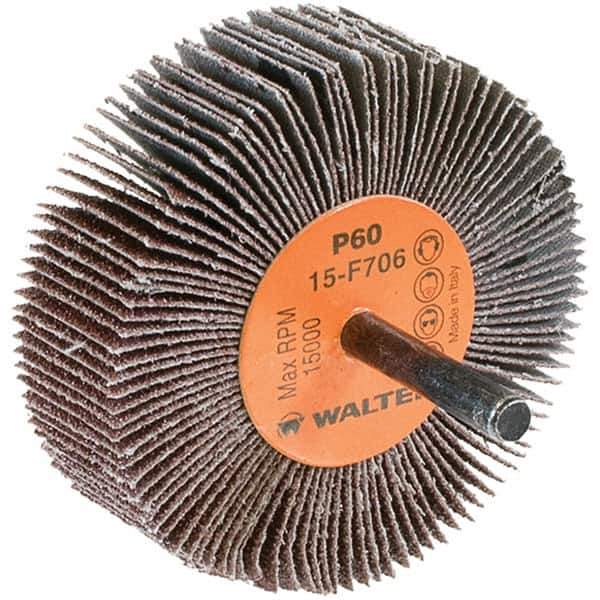 WALTER Surface Technologies - 3" Diam x 1" Face Width, Medium Aluminum Oxide Coated Mounted Flap Wheel - 1/4" Shank Mount, 60 Grit, Cloth Backing, 15,000 Max RPM - Industrial Tool & Supply