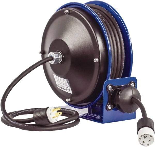 CoxReels - 16 AWG, 30' Cable Length, Cord & Cable Reel with Outlet End - 1 Outlet, NEMA 5-15R, 13 Amps, 115 Volts, SJO Cable, Blue Reel, Spring Driven Reel - Industrial Tool & Supply