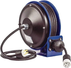 CoxReels - 16 AWG, 30' Cable Length, Cord & Cable Reel with Outlet End - 1 Outlet, NEMA 5-15R, 13 Amps, 115 Volts, SJO Cable, Blue Reel, Spring Driven Reel - Industrial Tool & Supply