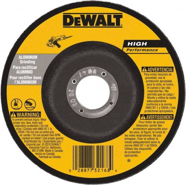 DeWALT - 30 Grit, 5" Wheel Diam, 1/4" Wheel Thickness, 7/8" Arbor Hole, Type 27 Depressed Center Wheel - Aluminum Oxide, 12,200 Max RPM, Compatible with Angle Grinder - Industrial Tool & Supply