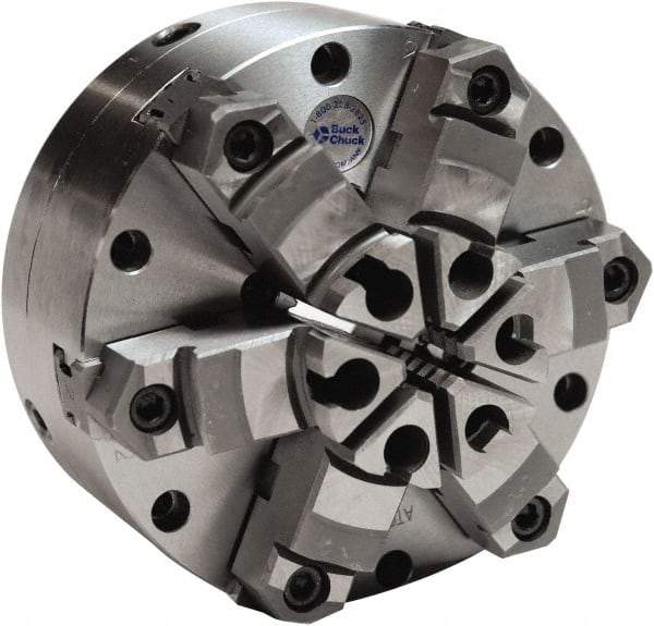 Buck Chuck Company - 6 Jaws, 6" Diam, Self Centering Manual Lathe Chuck - Plain Back Mount Spindle, Adjustable, Reversible, 1,600 Max RPM, 1-11/16" Through Hole Diam, Cast Iron - Industrial Tool & Supply