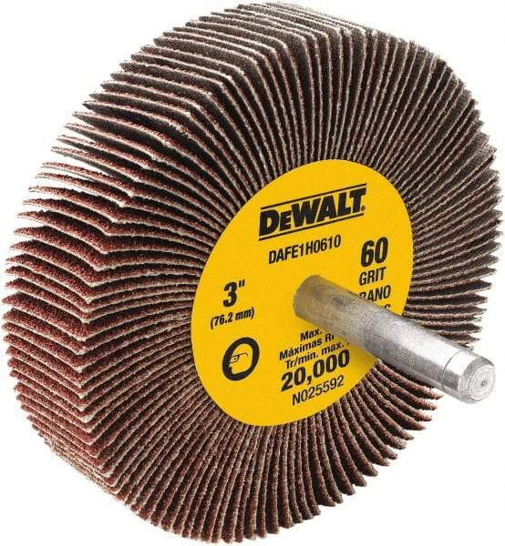 DeWALT - 3" Diam x 1" Face Width, Medium Aluminum Oxide Coated Mounted Flap Wheel - 1/4" Shank Mount, 60 Grit, Cloth Backing, 20,000 Max RPM - Industrial Tool & Supply