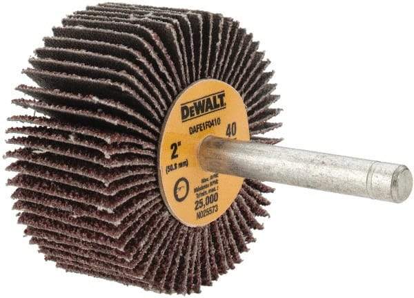 DeWALT - 2" Diam x 1" Face Width, Coarse Aluminum Oxide Coated Mounted Flap Wheel - 1/4" Shank Mount, 40 Grit, Cloth Backing, 25,000 Max RPM - Industrial Tool & Supply