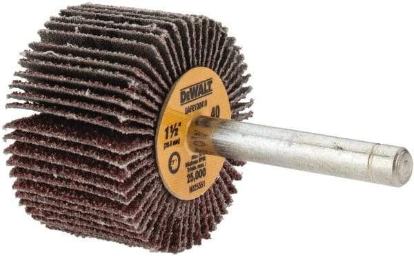 DeWALT - 1-1/2" Diam x 1" Face Width, Coarse Aluminum Oxide Coated Mounted Flap Wheel - 1/4" Shank Mount, 40 Grit, Cloth Backing, 25,000 Max RPM - Industrial Tool & Supply