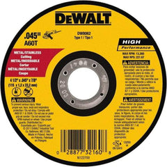 DeWALT - 4-1/2" 60 Grit Aluminum Oxide Cutoff Wheel - 0.045" Thick, 7/8" Arbor, 13,300 Max RPM, Use with Angle Grinders - Industrial Tool & Supply