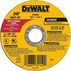 DeWALT - 4" 60 Grit Aluminum Oxide Cutoff Wheel - 0.045" Thick, 5/8" Arbor, 15,200 Max RPM, Use with Angle Grinders - Industrial Tool & Supply