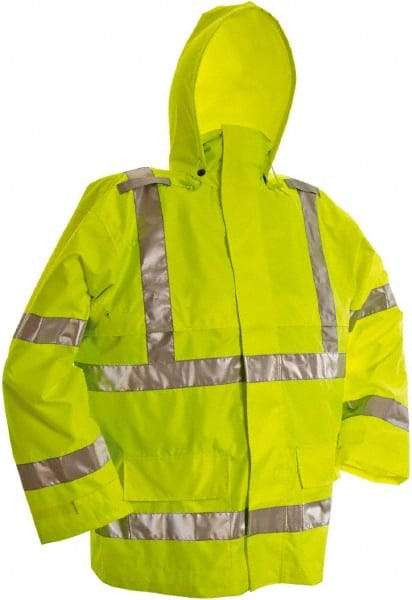 Viking - Size L, High Visibility Lime, Rain, Wind Resistant Jacket - 43" Chest, 3 Pockets, Detachable Hood - Industrial Tool & Supply