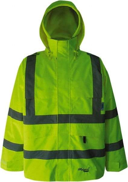 Viking - Size 4XL, High Visibility Lime, Rain, Wind Resistant Jacket - 58" Chest, 4 Pockets, Detachable Hood - Industrial Tool & Supply