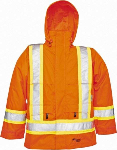Viking - Size 4XL, High Visibility Orange, Rain, Wind Resistant Jacket - 58" Chest, Detachable Hood - Industrial Tool & Supply