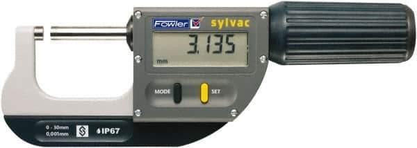 Fowler - 2.6 to 4" Range, 0.00005" Resolution, Standard Throat IP67 Electronic Outside Micrometer - 0.0002" Accuracy, Ratchet Stop Thimble, Carbide Face, CR2032 Battery - Industrial Tool & Supply