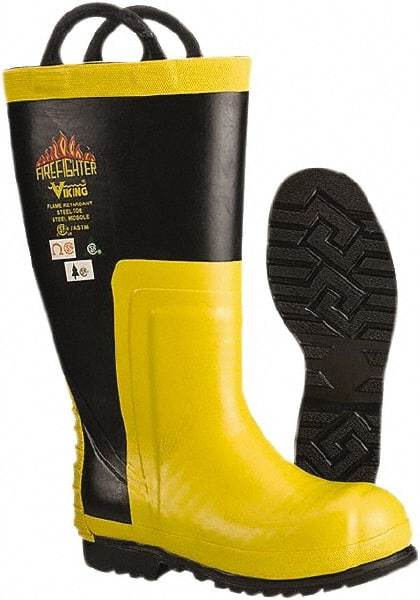 Viking - Men's Size 14 Medium Width Steel Work Boot - Black, Yellow, Rubber Upper, Nitrile Rubber Outsole, 14" High, Non-Slip, Chemical Resistant, Waterproof, Electric Shock Resistant - Industrial Tool & Supply