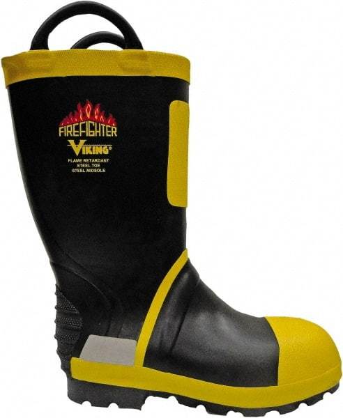 Viking - Men's Size 12 Medium Width Steel Work Boot - Black, Yellow, Rubber Upper, Nitrile Rubber Outsole, 14" High, Non-Slip, Waterproof - Industrial Tool & Supply