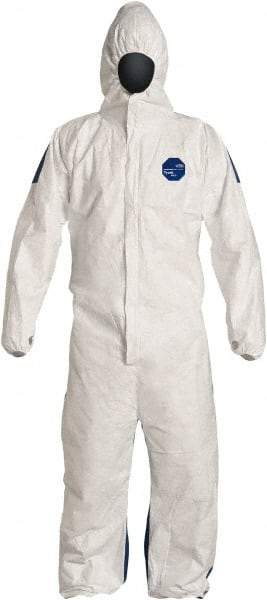 Dupont - Size 4XL Film Laminate General Purpose Coveralls - White/Blue, Zipper Closure, Elastic Cuffs, Elastic Ankles, Serged Seams, Hazard Level C & D - Industrial Tool & Supply