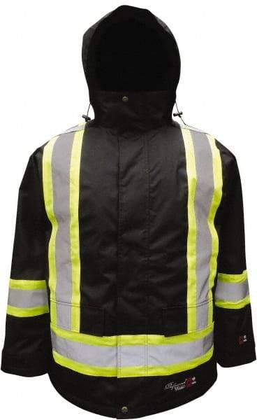 Viking - Size XL, Black, Flame Resistant/Retardant, Rain, Wind Resistant Jacket - 47" Chest, 3 Pockets, Detachable Hood - Industrial Tool & Supply