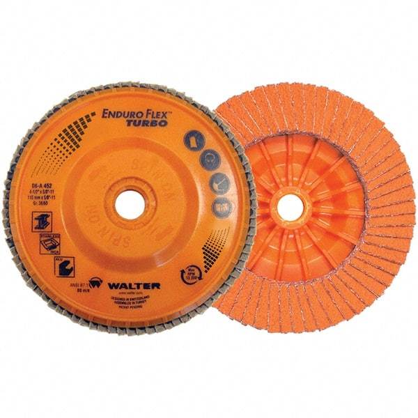 WALTER Surface Technologies - 36 & 60 Grit, 4-1/2" Disc Diam, 7/8" Center Hole, Type 27 Ceramic Flap Disc - 13,300 Max RPM, Plastic Backing, Arbor Attaching System, Coated - Industrial Tool & Supply