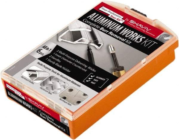 Shaviv - 6 Piece High Speed Steel Blade Hand Deburring Tool Set - F Blade Holder, F12, E200, E300 Blades, For Hole Edge, Corners - Industrial Tool & Supply