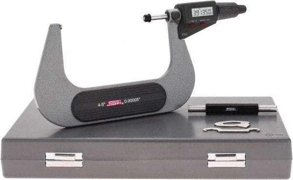 SPI - 4 to 5" Range, 0.00005" Resolution, Standard Throat IP54 Electronic Outside Micrometer - 0.00024" Accuracy, Friction Thimble, Carbide-Tipped Face, LR44 Battery, Includes NIST Traceable Certification of Inspection - Industrial Tool & Supply