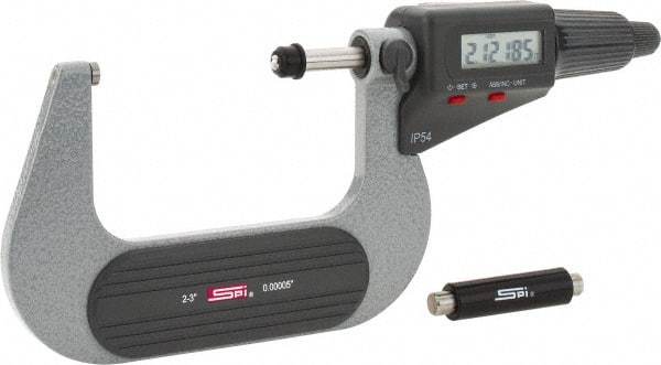 SPI - 2 to 3" Range, 0.00005" Resolution, Standard Throat IP54 Electronic Outside Micrometer - 0.0002" Accuracy, Friction Thimble, Carbide-Tipped Face, LR44 Battery, Includes NIST Traceable Certification of Inspection - Industrial Tool & Supply