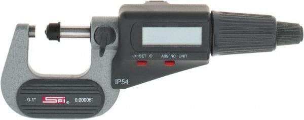 SPI - 0 to 1" Range, 0.00005" Resolution, Standard Throat IP54 Electronic Outside Micrometer - 0.00016" Accuracy, Friction Thimble, Carbide-Tipped Face, LR44 Battery, Includes NIST Traceable Certification of Inspection - Industrial Tool & Supply