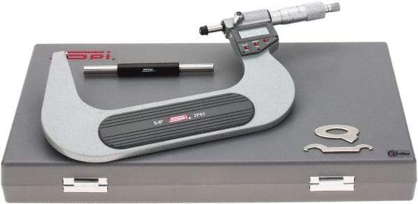 SPI - 5 to 6" Range, 0.00005" Resolution, Standard Throat IP65 Electronic Outside Micrometer - 0.0002" Accuracy, Ratchet Stop Thimble, Carbide-Tipped Face, LR44 Battery, Includes NIST Traceable Certification of Inspection - Industrial Tool & Supply