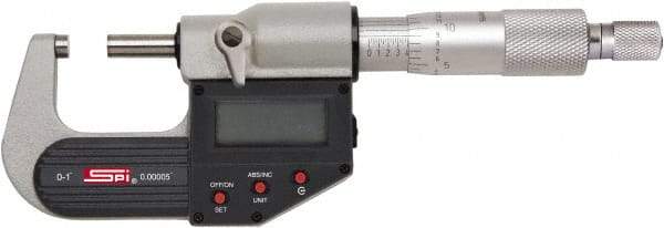 SPI - 6 to 7" Range, 0.00005" Resolution, Standard Throat IP65 Electronic Outside Micrometer - 0.0002" Accuracy, Ratchet Stop Thimble, Carbide-Tipped Face, LR44 Battery, Includes NIST Traceable Certification of Inspection - Industrial Tool & Supply