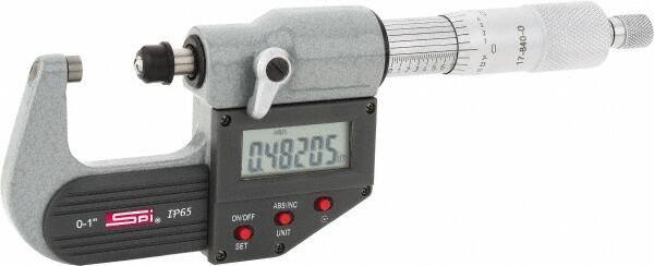 SPI - 0 to 1" Range, 0.00005" Resolution, Standard Throat IP65 Electronic Outside Micrometer - 0.0001" Accuracy, Ratchet Stop Thimble, Carbide-Tipped Face, LR44 Battery, Includes NIST Traceable Certification of Inspection - Industrial Tool & Supply