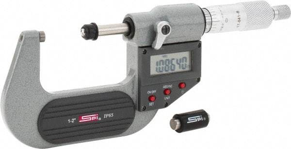 SPI - 1 to 2" Range, 0.00005" Resolution, Standard Throat IP65 Electronic Outside Micrometer - 0.0001" Accuracy, Ratchet Stop Thimble, Carbide-Tipped Face, LR44 Battery, Includes NIST Traceable Certification of Inspection - Industrial Tool & Supply